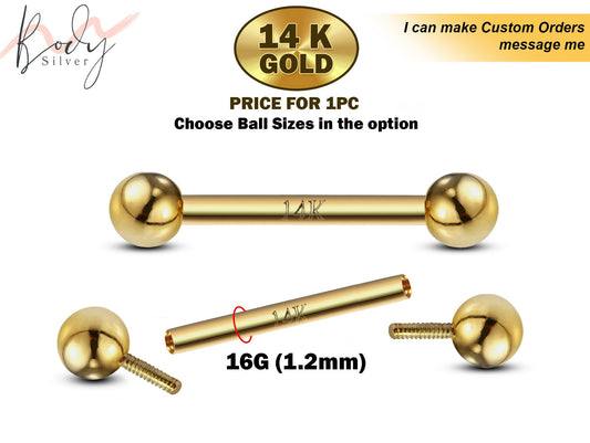 14K Gold Internal Threaded Barbell Piercing, 16G Tongue Barbell, Bridge Piercing, Barbell Earrings, Nipple Jewelry - 10mm to 24mm