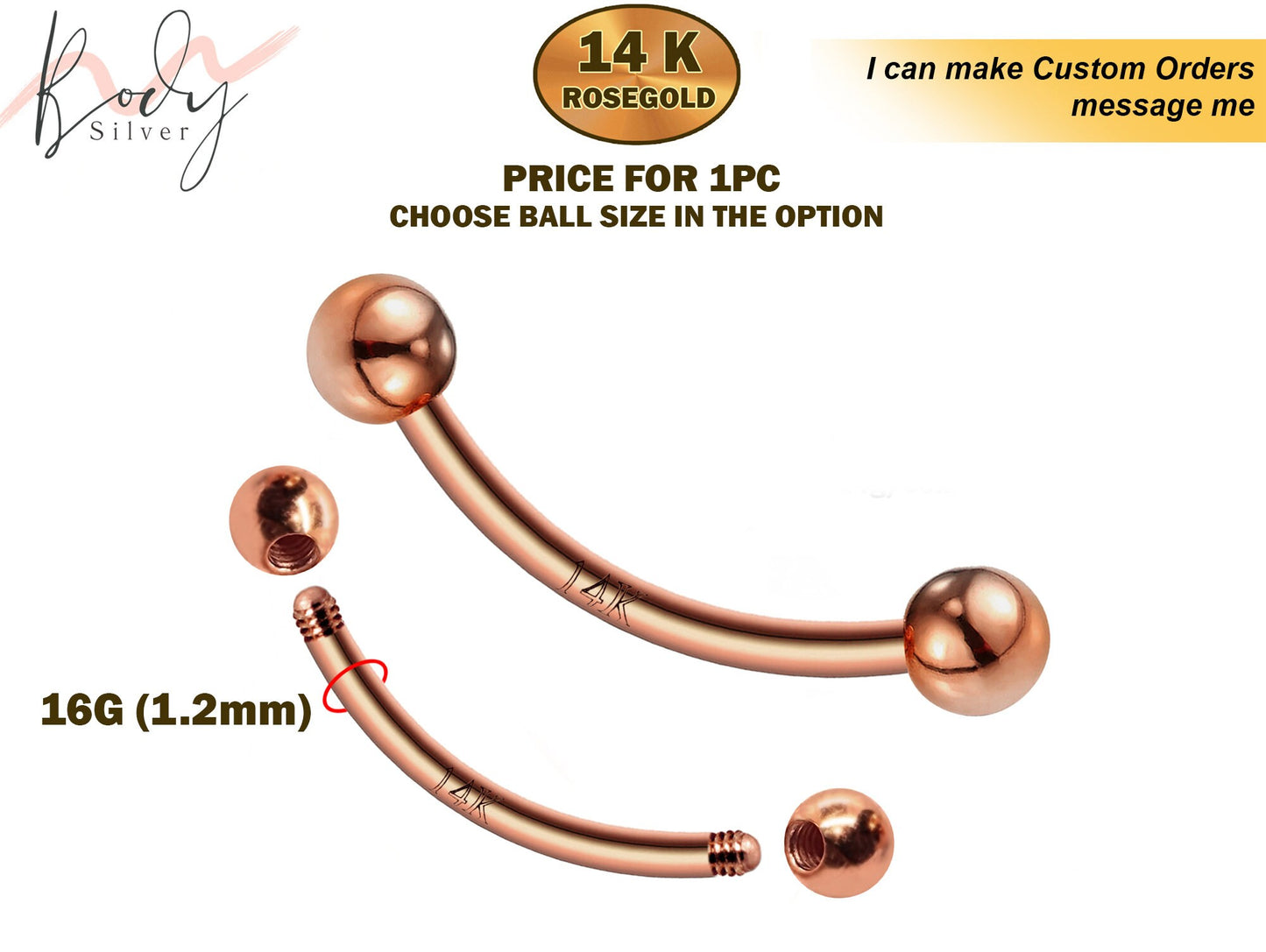 14K Rose Gold Eyebrow Piercing - 16G Curved Barbell - Piercing Jewelry for Lip, Helix, Tragus, Lobe, Cartilage - 6mm to 12mm