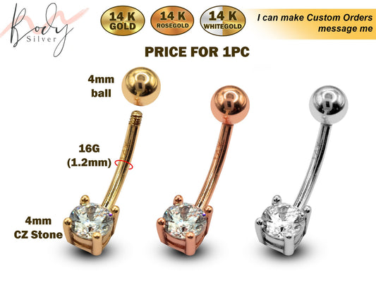 16G Belly Bar, Belly Button Ring, Curved Barbell with CZ Stone- 14K Gold, Rose Gold and White Gold - Body Piercing