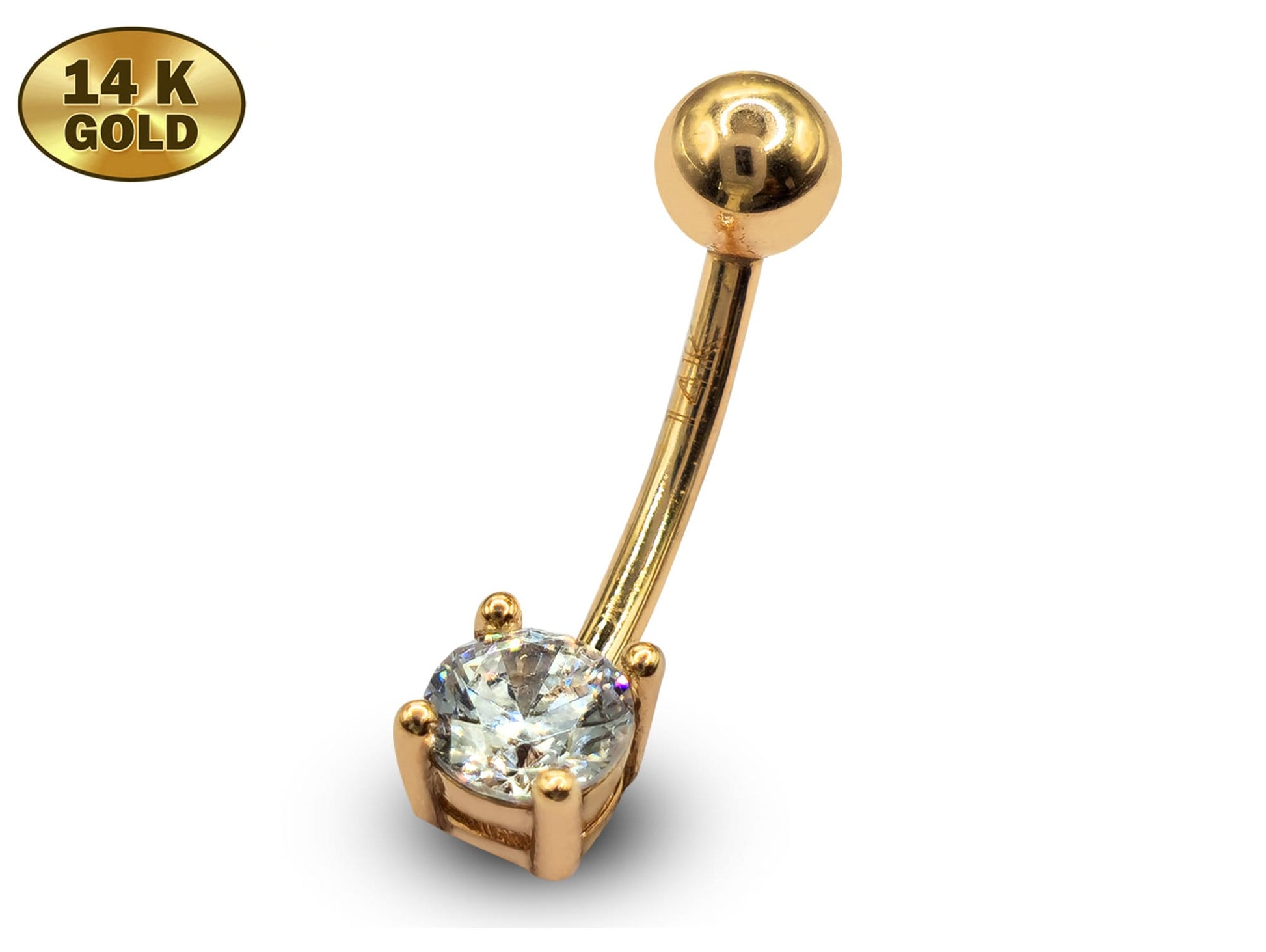 16G Belly Bar, Belly Button Ring, Curved Barbell with CZ Stone- 14K Gold, Rose Gold and White Gold - Body Piercing