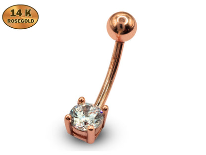 16G Belly Bar, Belly Button Ring, Curved Barbell with CZ Stone- 14K Gold, Rose Gold and White Gold - Body Piercing