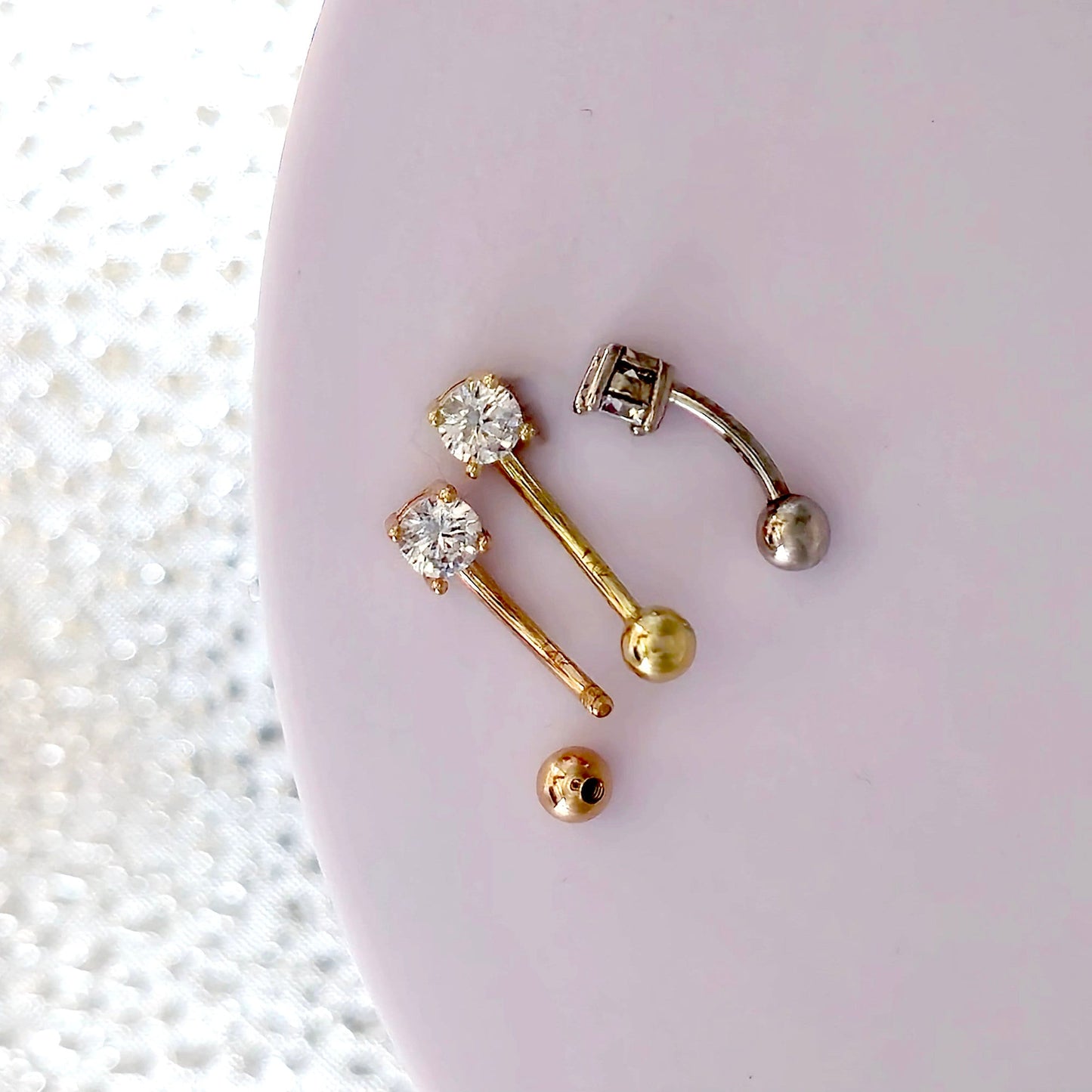 16G Belly Bar, Belly Button Ring, Curved Barbell with CZ Stone- 14K Gold, Rose Gold and White Gold - Body Piercing