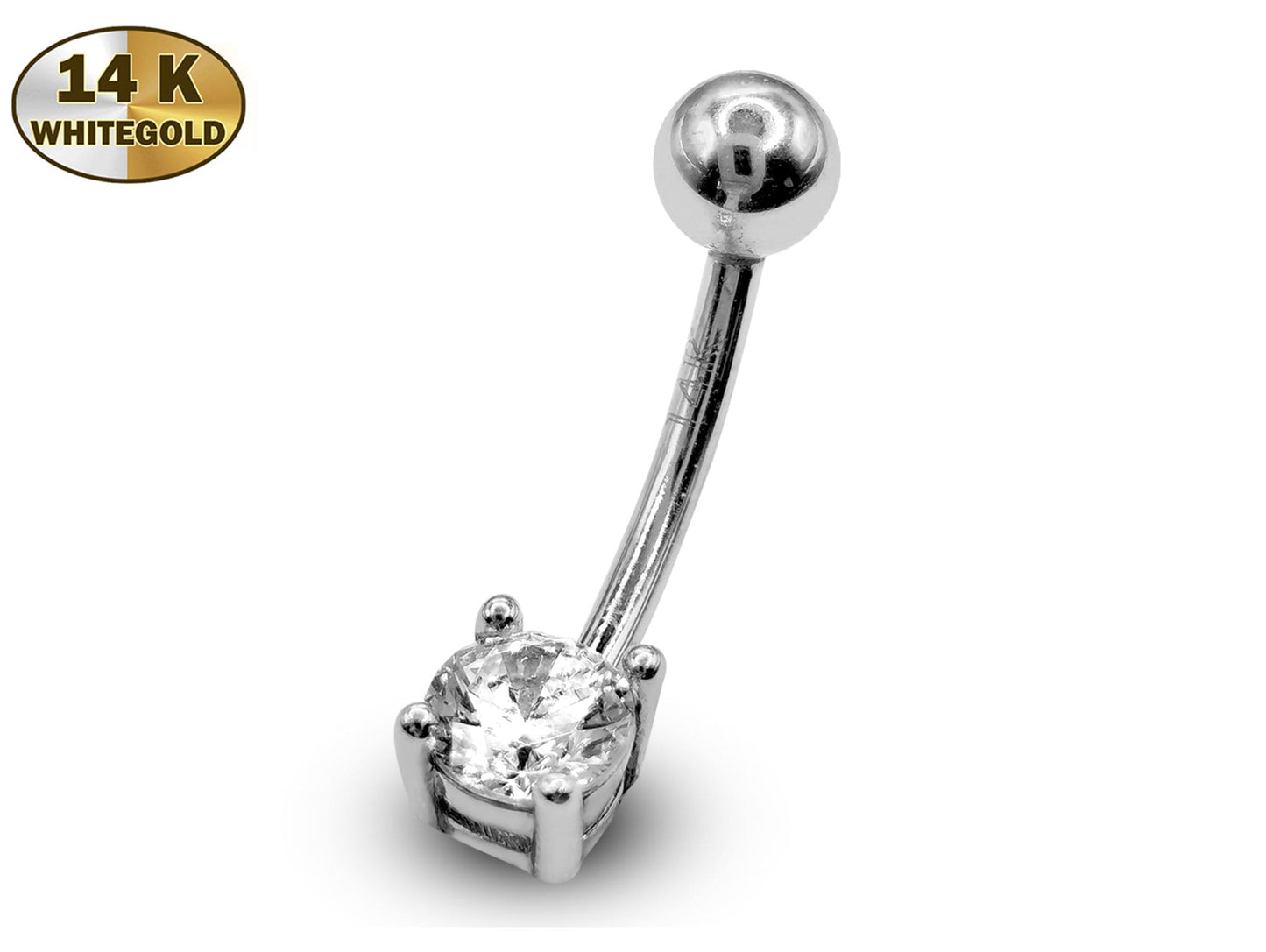 16G Belly Bar, Belly Button Ring, Curved Barbell with CZ Stone- 14K Gold, Rose Gold and White Gold - Body Piercing