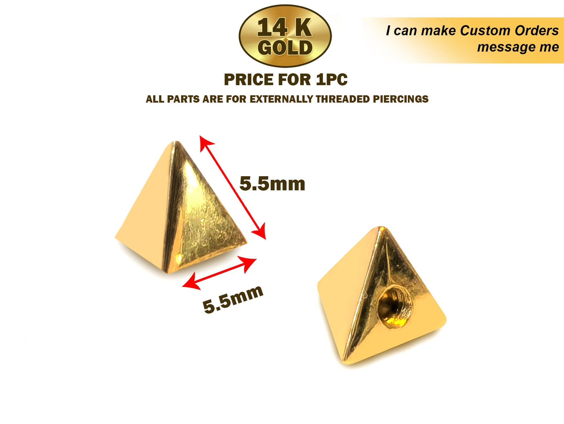 14K Solid Gold Spike Threaded Piercing Parts - Triangle / Cones Shape Replacement Top parts for your Piercing