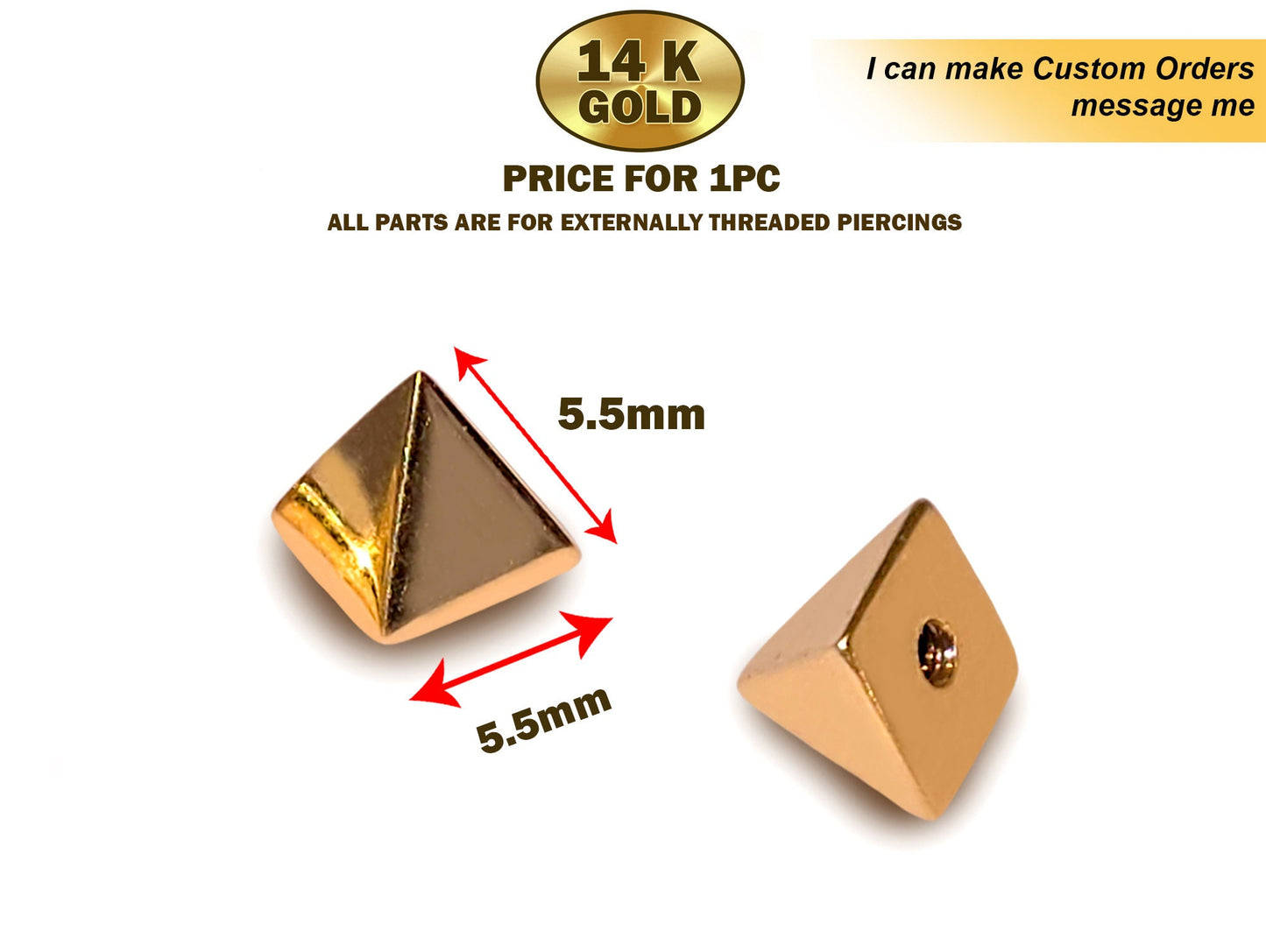 14K Solid Gold Spike Threaded Piercing Parts - Triangle / Cones Shape Replacement Top parts for your Piercing