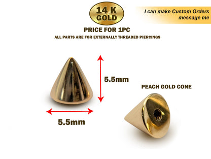 14K Solid Gold Spike Threaded Piercing Parts - Triangle / Cones Shape Replacement Top parts for your Piercing