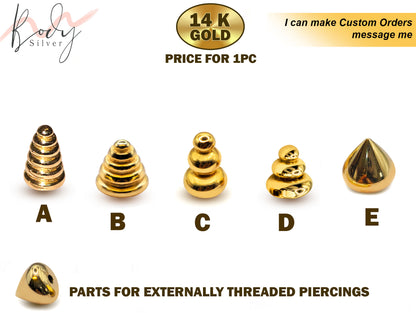 14K Solid Gold Top Piercing Parts - Unique Design Replacement for Body Jewellery Piercing Balls - Piercing Attachments