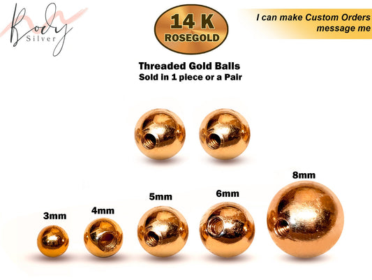 14K Rose Gold Threaded Piercing Balls - Replacement, Loose Parts Piercing Jewelry for Barbells, Labrets, Horseshoe Piercing