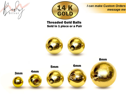 14K Solid Gold Threaded Piercing Balls - Replacement, Loose Parts Piercing Jewelry for Barbells, Labrets, Horseshoe Piercing