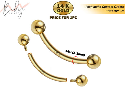 14K Solid Gold Internally Threaded Bananabell - Curved Barbell - Piercing Jewelry for Lip, Helix, Tragus, Lobe, Cartilage - 16G