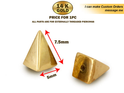 14K Solid Gold Spike Threaded Piercing Parts - Triangle / Cones Shape Replacement Top parts for your Piercing