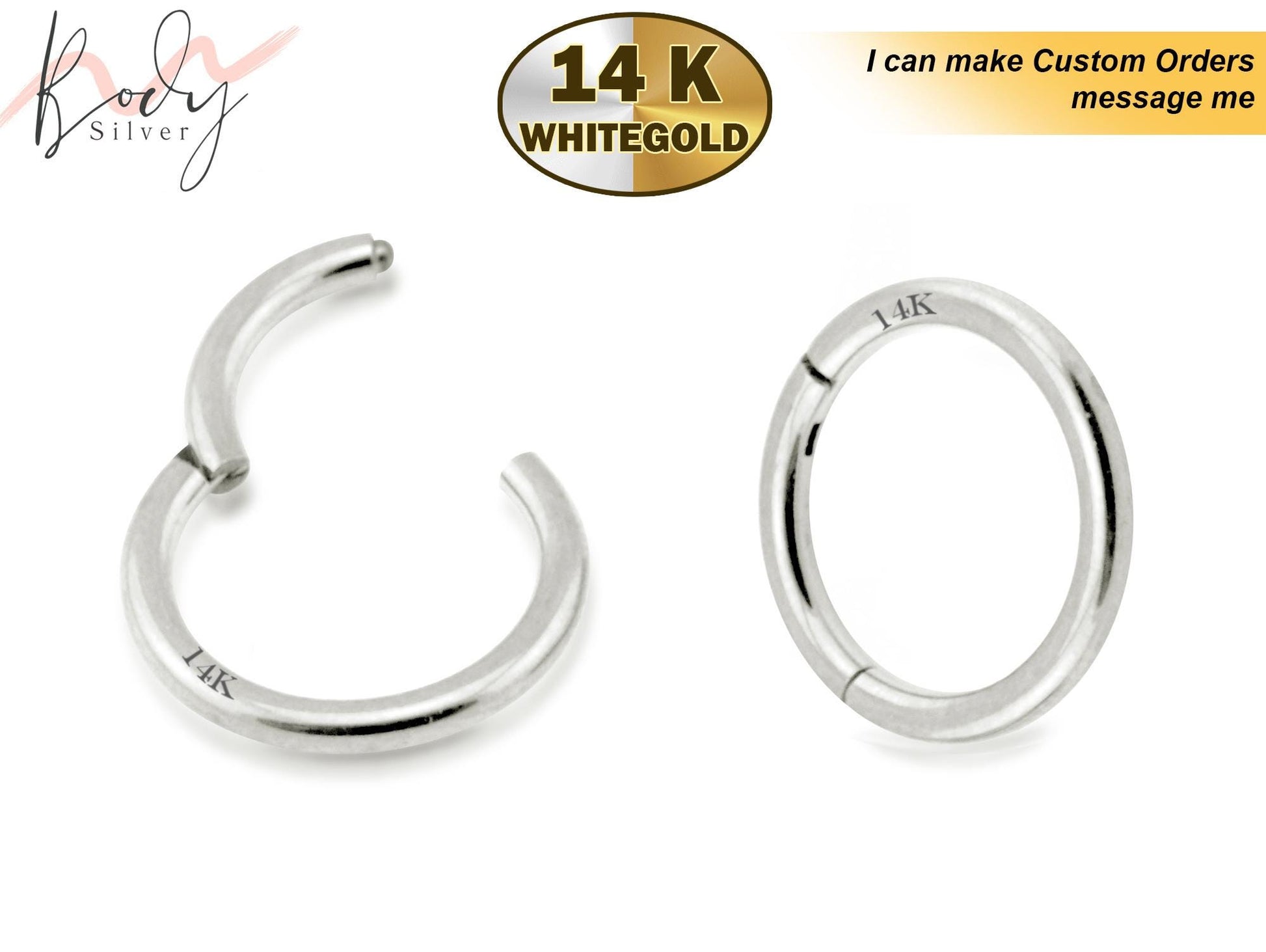 14K White Gold Clicker Hoops Nose Ring, Septum Ring, Lip Jewellery Helix Ring - 18G & 16G Nose Ring Body Jewellery, Body Piercing Ring