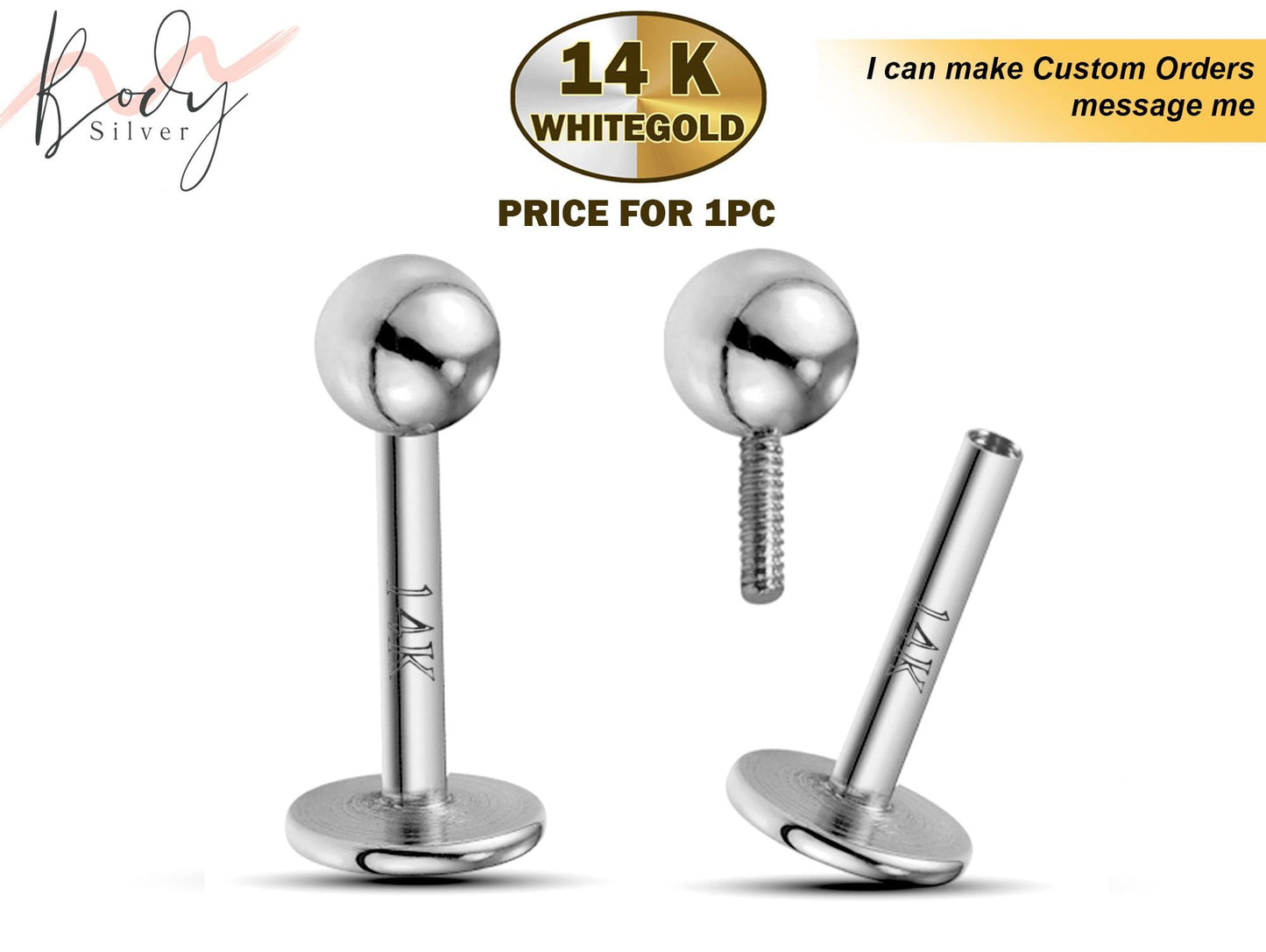 14K White Gold Internally Threaded Labret Stud Lip Jewelry - 16g - Body Piercing for Lip, Helix, Tragus, Lobe, Cartilage, Medusa Piercing