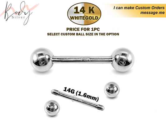 14K White Gold Barbell Piercing, Barbell Earring - 14g size 6mm to 24mm - Piercing for Tongue, Daith, Helix, Tragus, Eyebrows and more