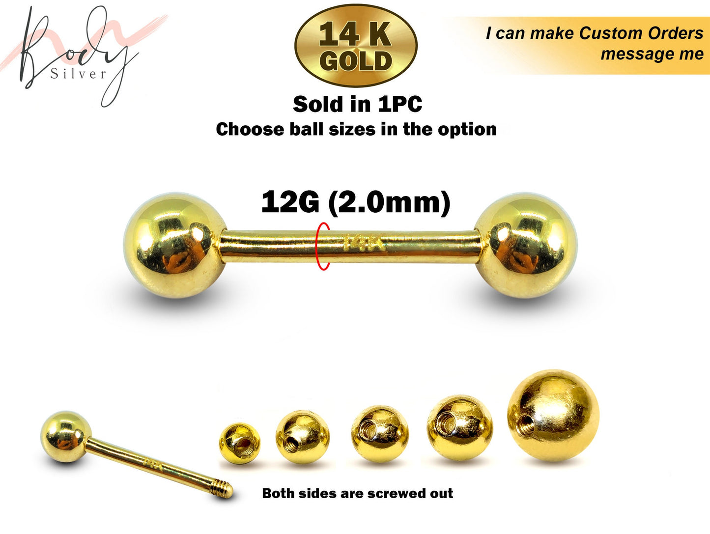 14K Gold Barbell Piercing, Barbell Earring - 12G (2.0mm) Length is 12mm to 16mm - Piercing for Tongue, Daith, Helix, Tragus, Eyebrows stud