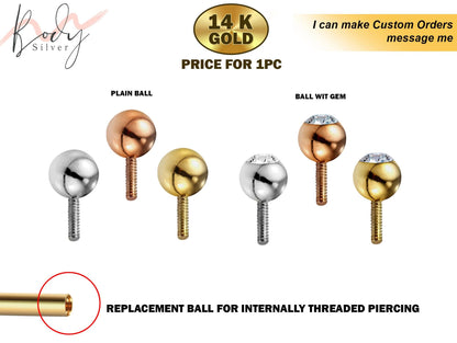 14K Gold Internally Threaded Piercing Balls - Replacement, Loose Parts Piercing for Internal piercing - Barbells, Labrets