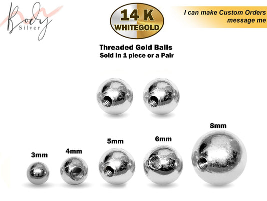 14K White Gold Threaded Piercing Balls - Replacement, Loose Parts Piercing Jewelry for Barbells, Labrets, Horseshoe Piercing