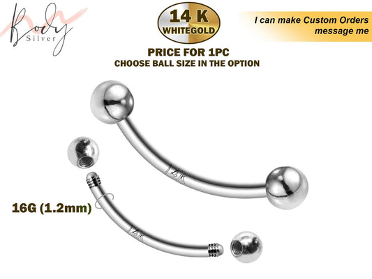 14K White Gold Eyebrow Piercing - 16G Curved Barbell - Piercing Jewelry for Lip, Helix, Tragus, Lobe, Cartilage - 6mm to 12mm