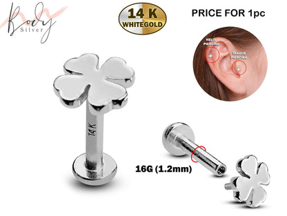 14K White Gold Clover Leaf Tragus Earring, Labret Stud, Helix Cartilage Piercing - Internally Threading Body Jewellery Ear Piercing