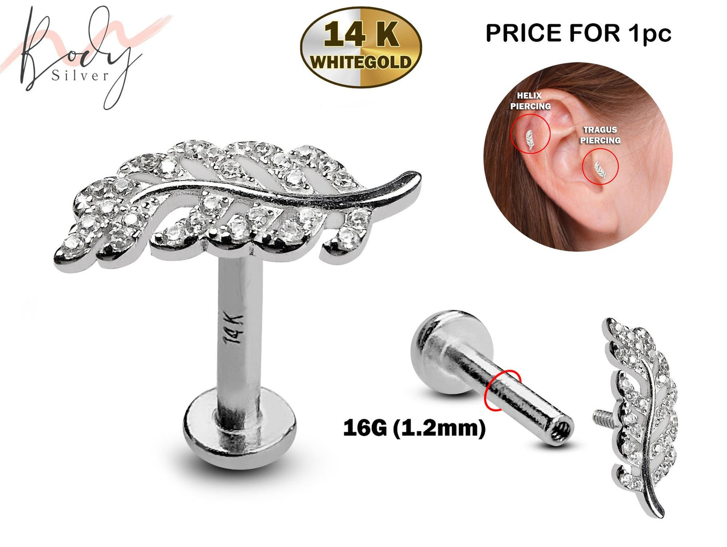 14K White Gold Leaf Tragus Piercing, Labret Studs, Helix Cartilage Piercing with CZ Stone - Internally Threading Body Jewellery Ear Piercing