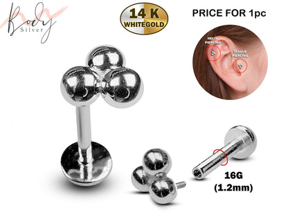 14K White Gold 3 Ball Tragus Earring, Labret Stud, Helix Cartilage Piercing - Internally Threading Body Jewellery Ear Piercing