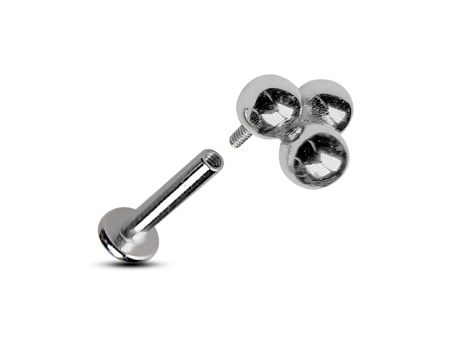 14K White Gold 3 Ball Tragus Earring, Labret Stud, Helix Cartilage Piercing - Internally Threading Body Jewellery Ear Piercing