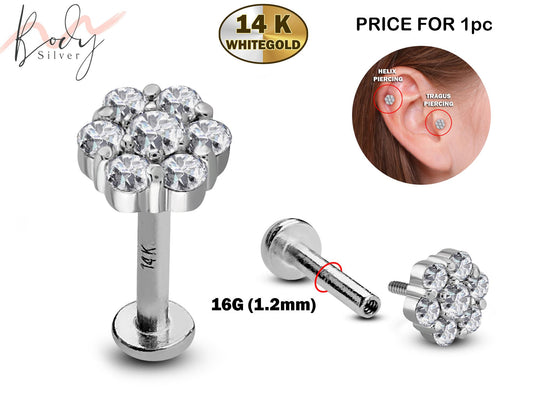 14K White Gold Flower Cartilage Piercing, Helix Barbell, Tragus Earrings - Internally Threading Body Jewellery Ear Piercing