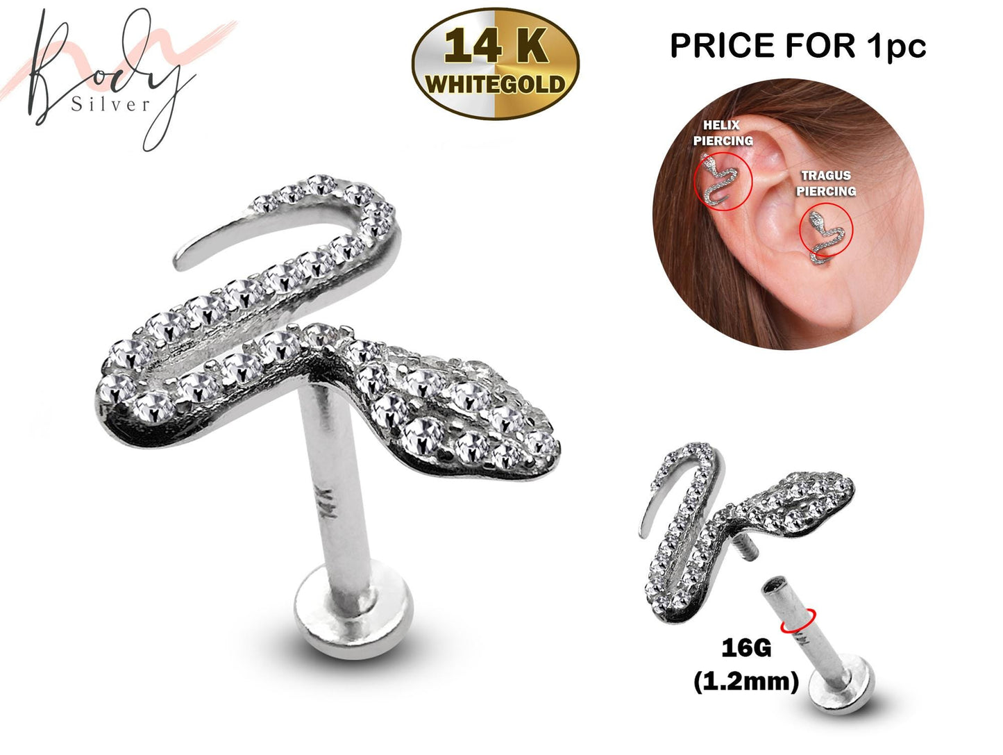 14K White Gold Snake Helix Stud, Labret Earring, Cartilage Tragus Piercing with CZ Stone - Internally Threading Body Jewellery Ear Piercing