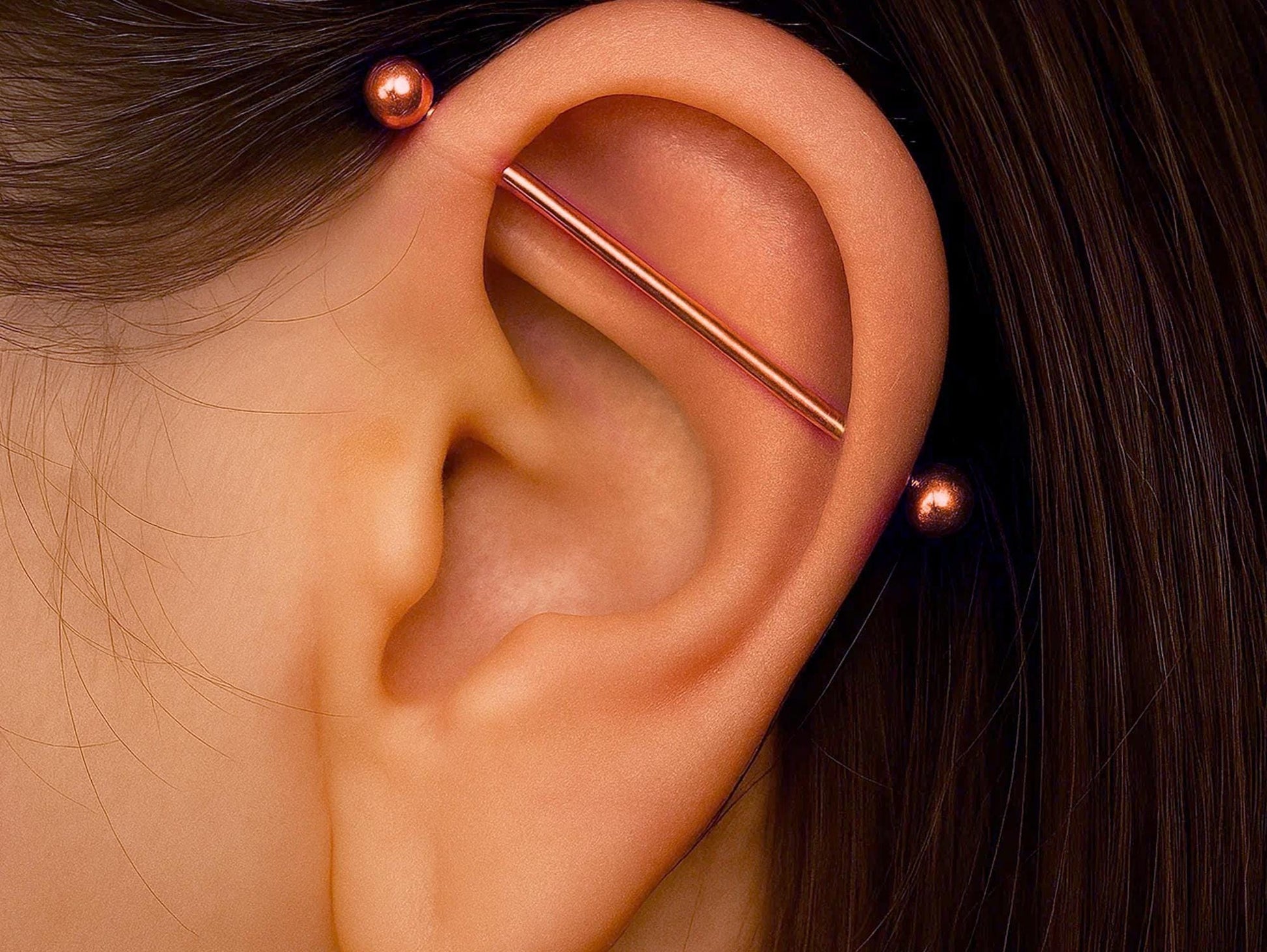 Rose Gold Industrial Scaffold 14G Barbell Piercing: 10k, 14k, 18k Gold Body Jewelry