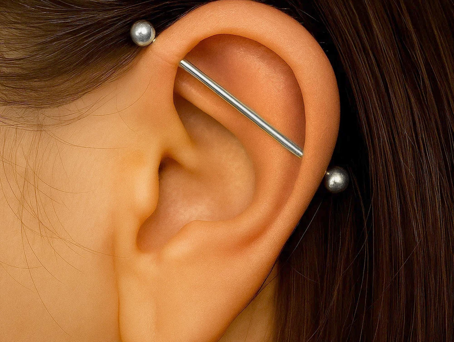 White Gold Industrial Scaffold 14G Barbell Piercing: 10k, 14k, 18k Gold Body Jewelry