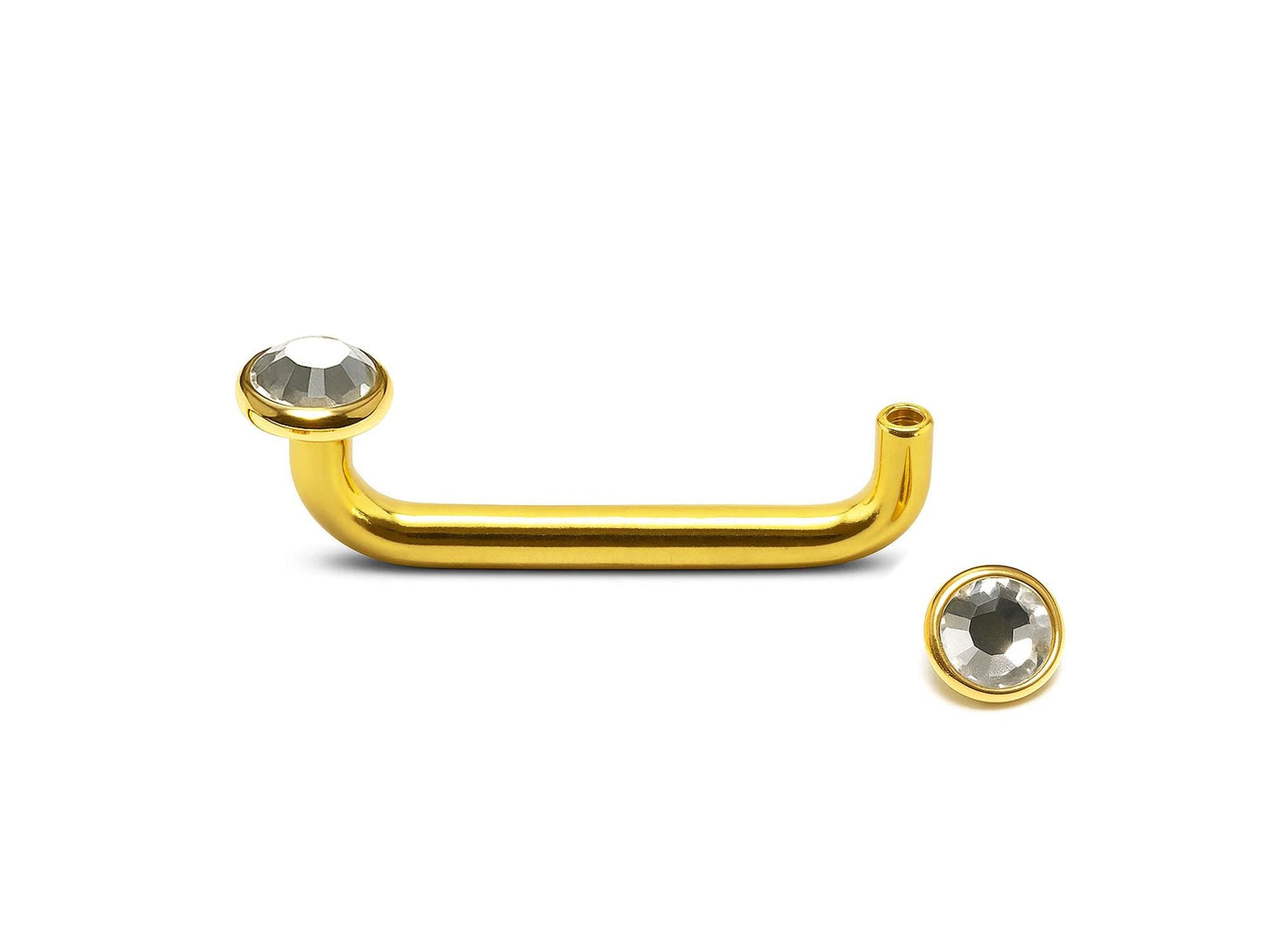 14K Gold Staple Barbell, Surface Piercing with Internally Threaded Flat Gem Crystal