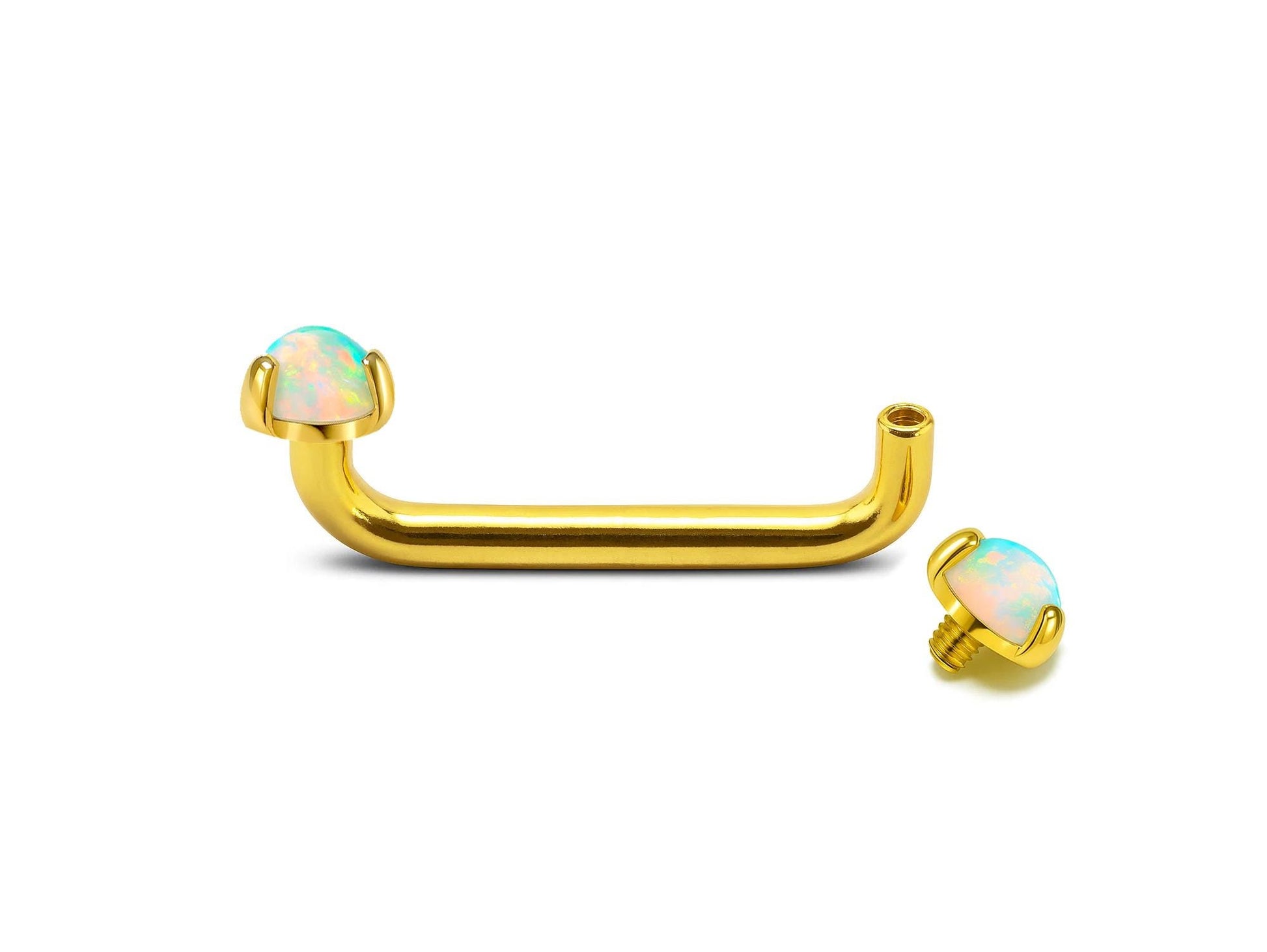 14K Gold Surface barbell: 14G 16G Staple Barbell with Opal Stone