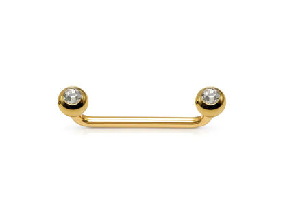 14K Gold Staple Barbell, Surface Piercing with Internally Threaded Gem Ball Crystal