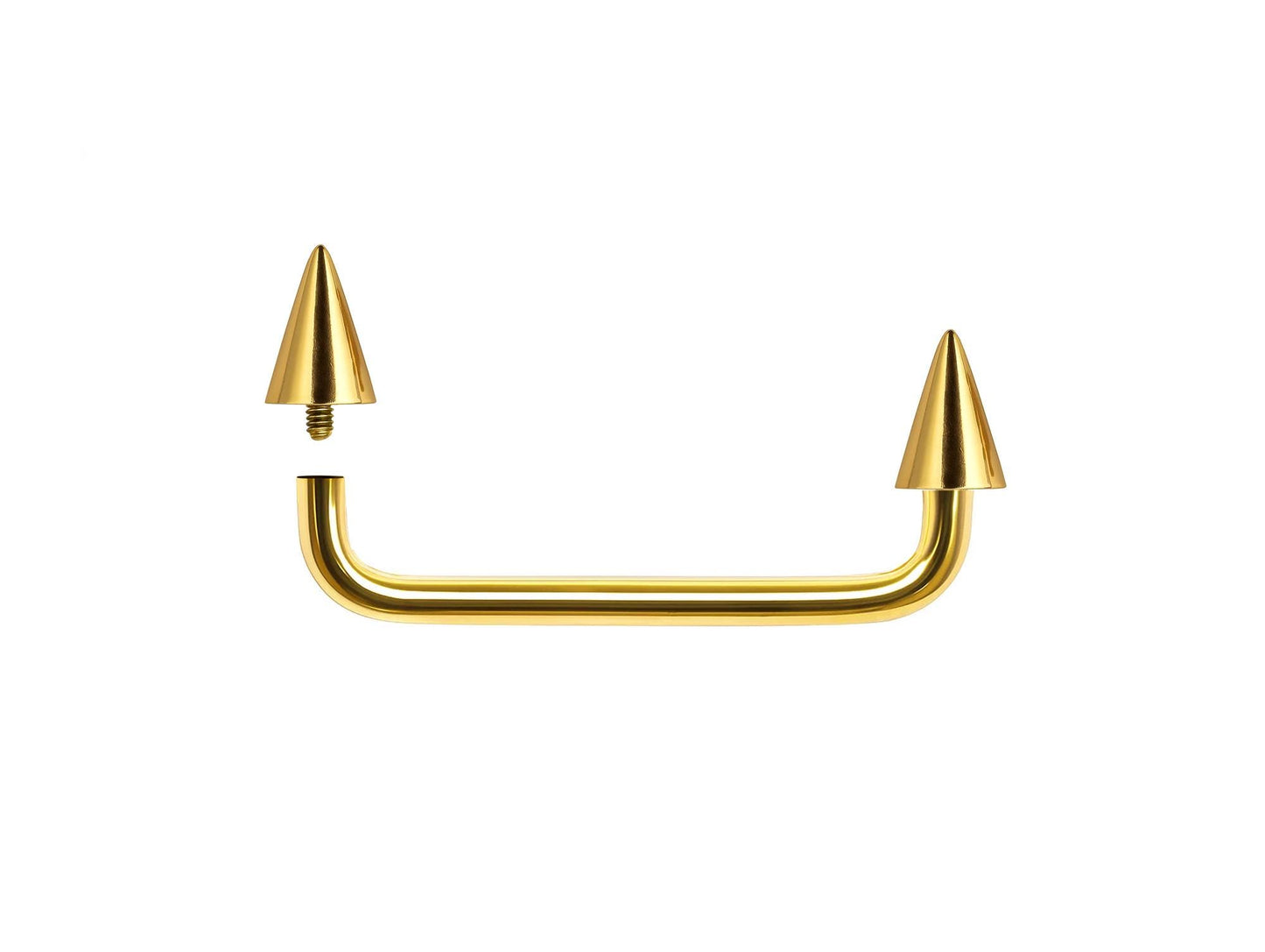 14K Gold Staple Barbell, Surface Piercing with Internally Threaded Spike and Cones