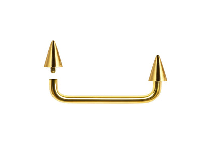 14K Gold Staple Barbell, Surface Piercing with Internally Threaded Spike and Cones