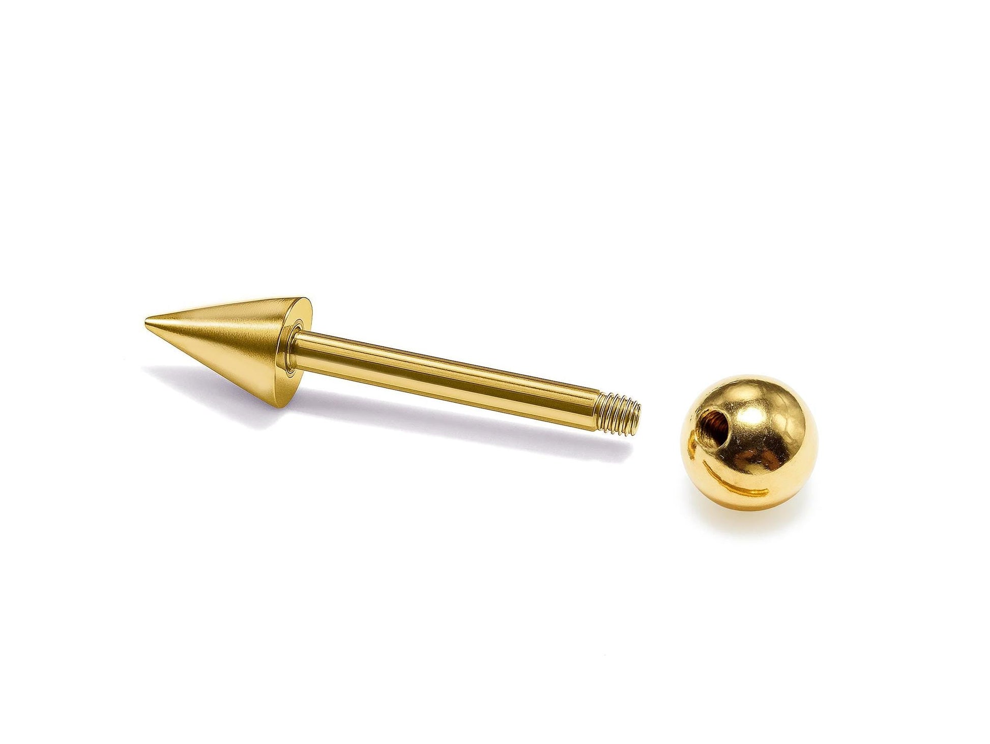 Solid Gold Ball and Spike Industrial Scaffold 14G Barbell Piercing: 10k, 14k, 18k