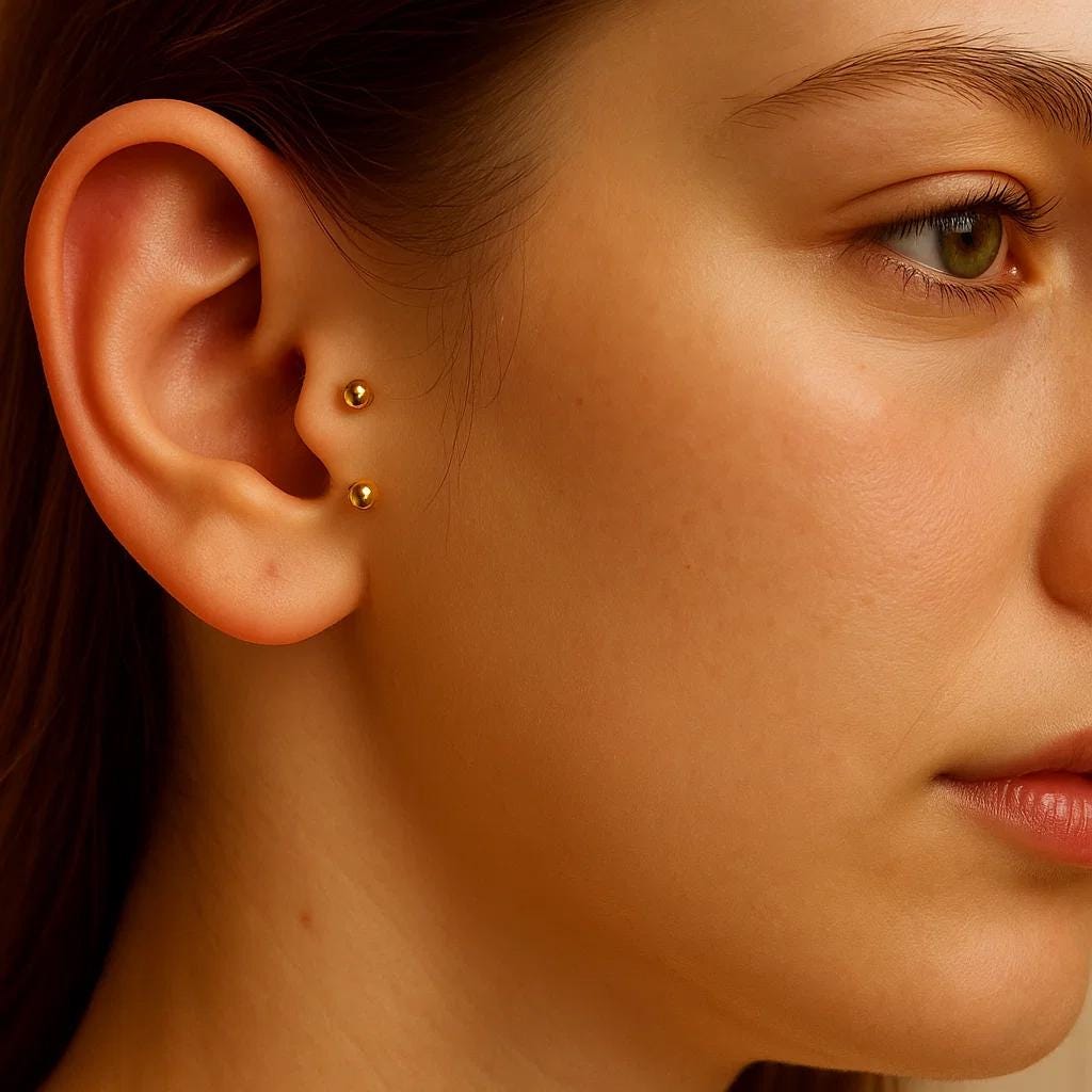 14k gold Tragus Labret and Anti-tragus cartilage piercing: 18g, 16g, 14g internally Threaded