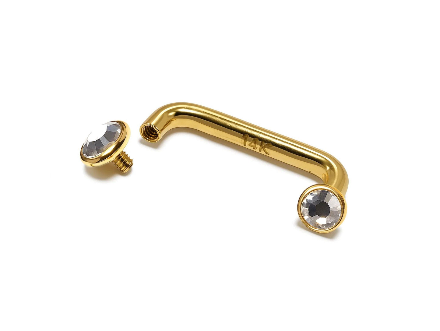 14K Gold Staple Barbell, Surface Piercing with Internally Threaded Flat Gem Crystal