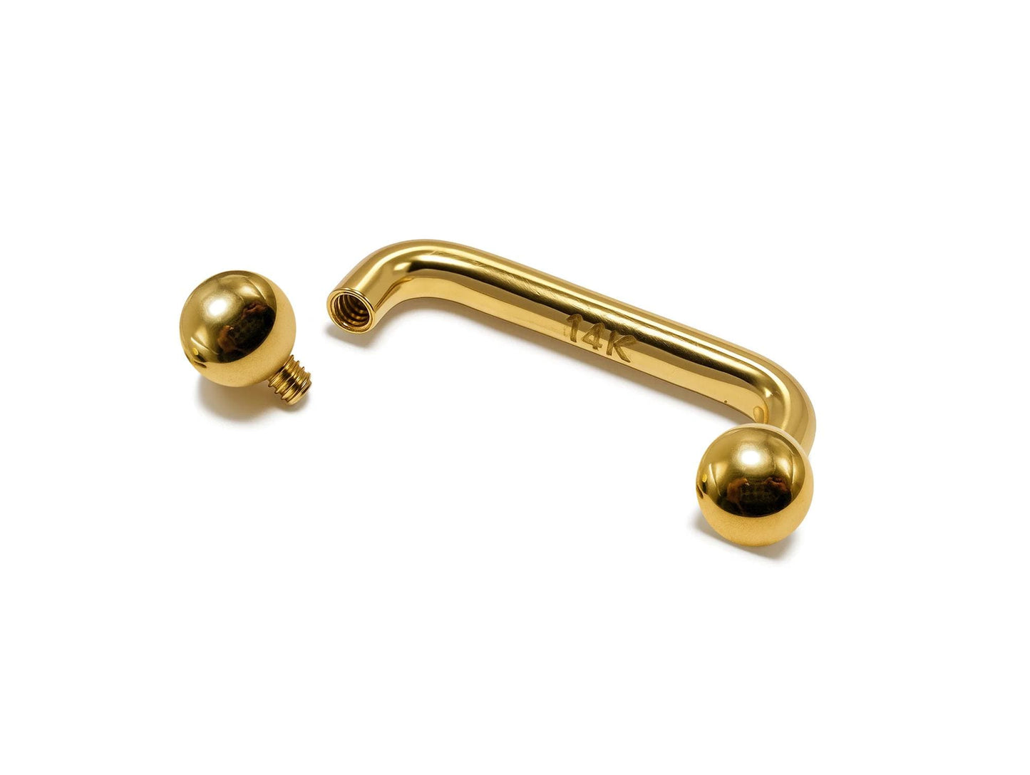 14K Gold Staple Barbell, Surface Piercing with Internally Threaded Plain Ball
