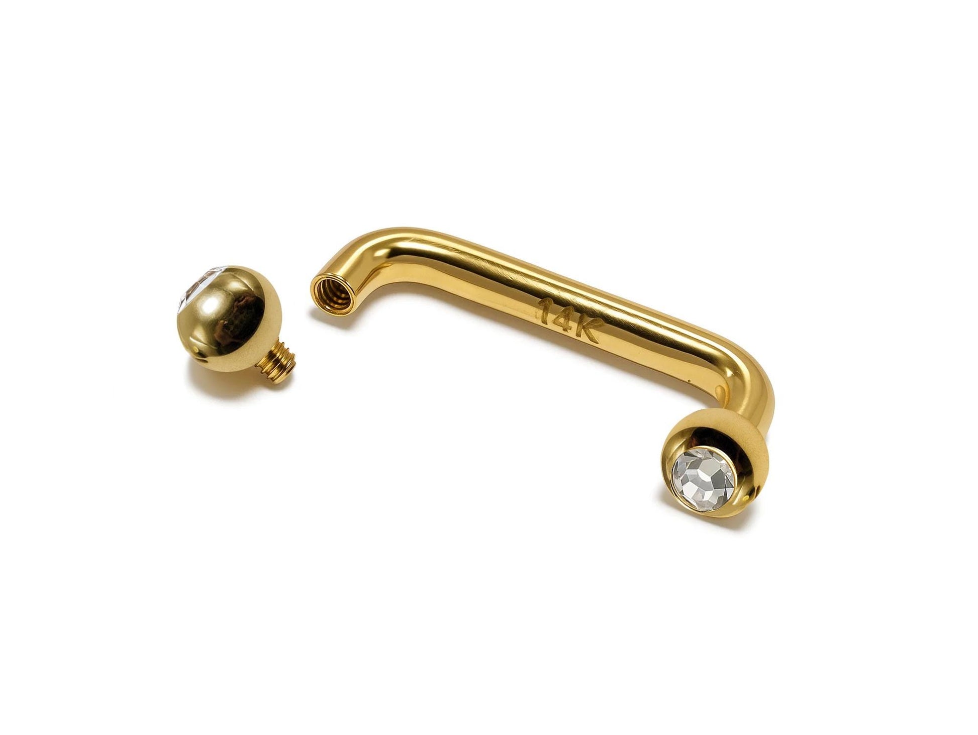 14K Gold Staple Barbell, Surface Piercing with Internally Threaded Gem Ball Crystal