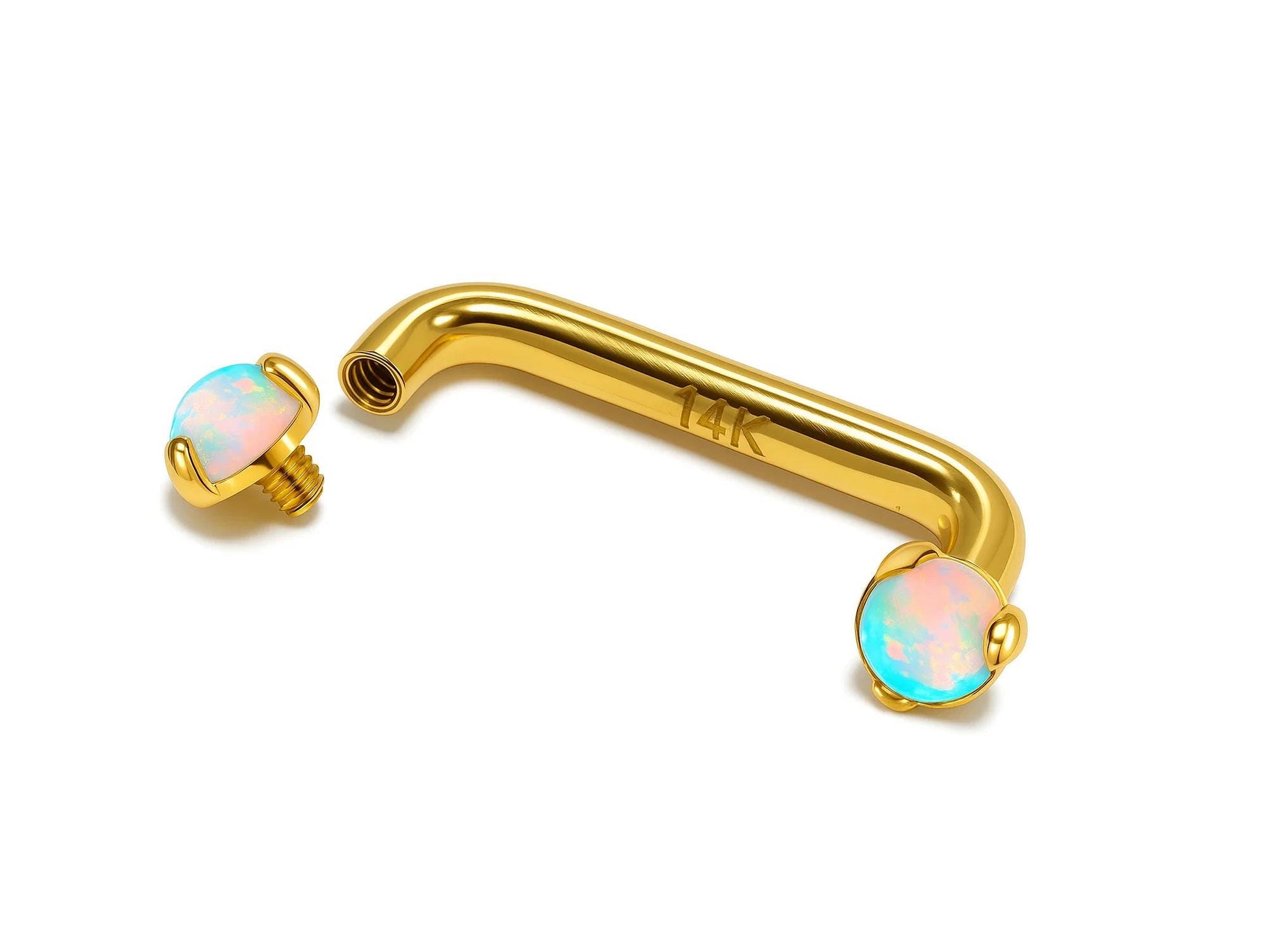 14K Gold Surface barbell: 14G 16G Staple Barbell with Opal Stone