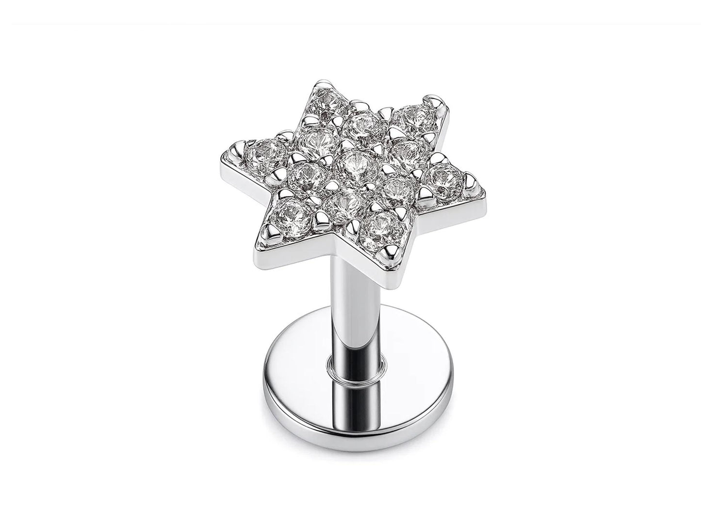 14k White gold Star labret lip stud piercing with Gemstones: 16g internally Threaded
