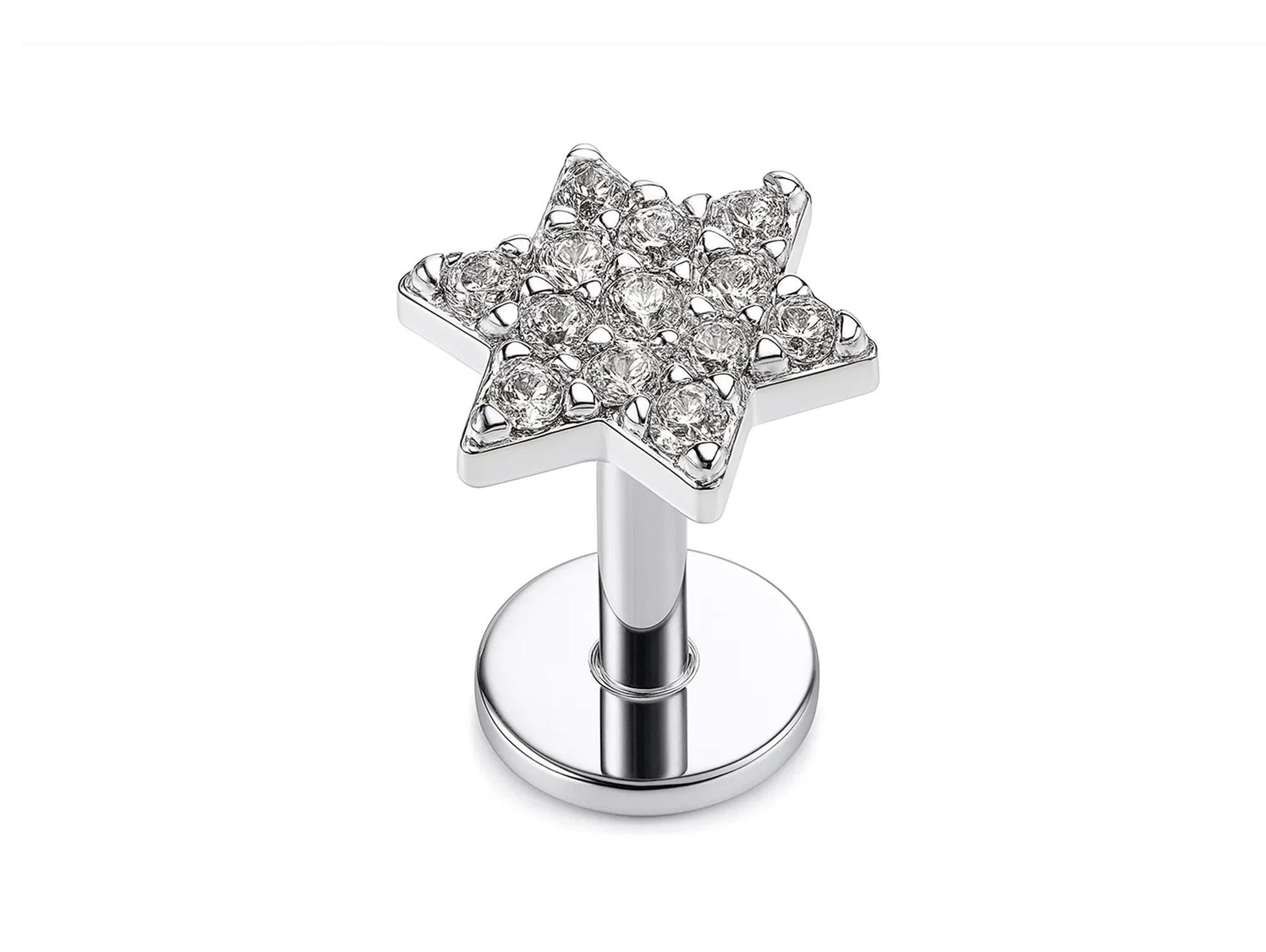 14k White gold Star labret lip stud piercing with Gemstones: 16g internally Threaded
