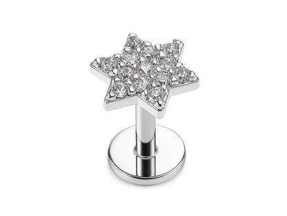 14k White gold Star labret lip stud piercing with Gemstones: 16g internally Threaded
