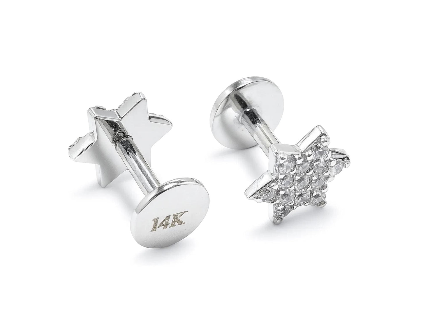 14k White gold Star labret lip stud piercing with Gemstones: 16g internally Threaded