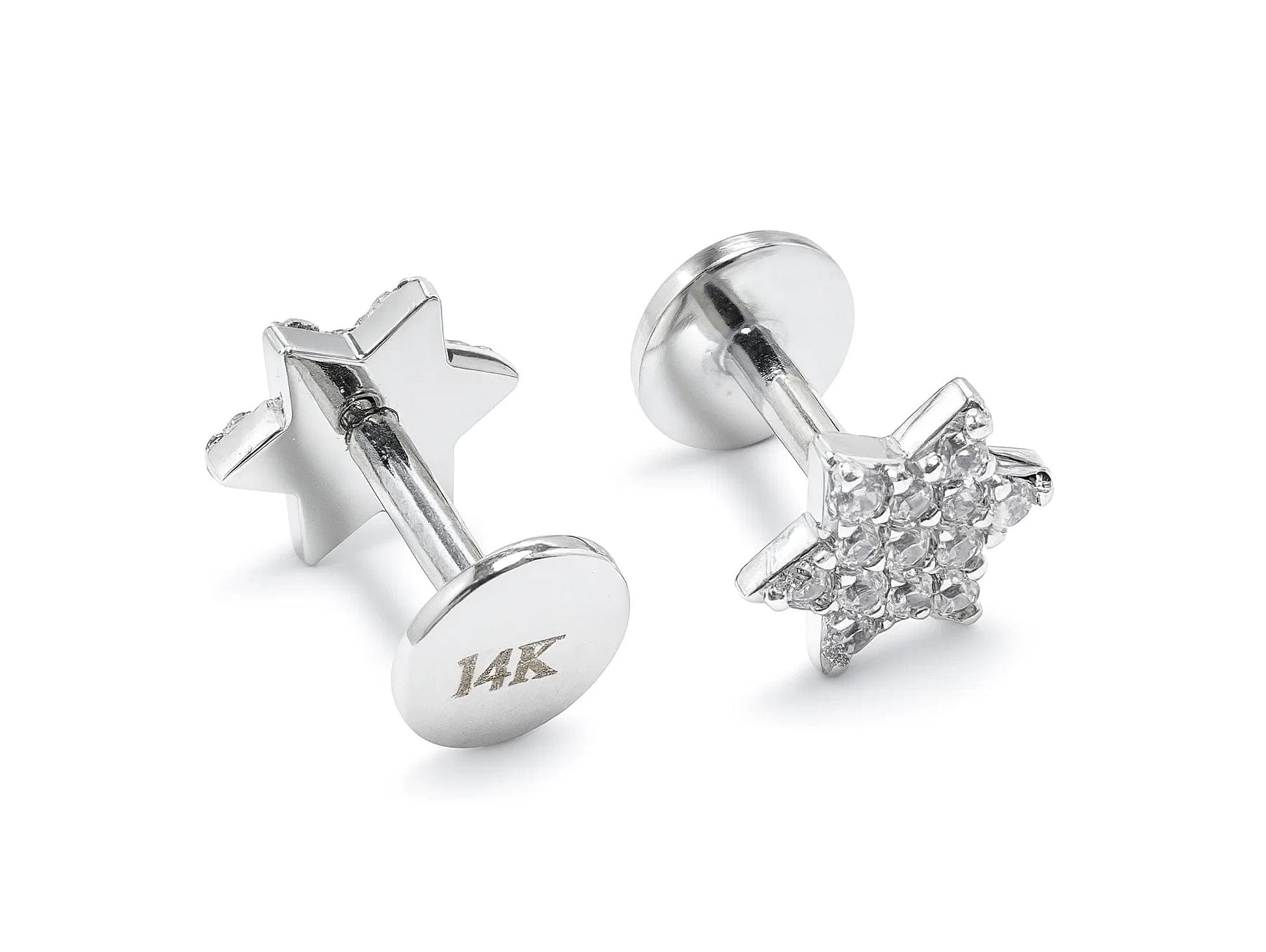 14k White gold Star labret lip stud piercing with Gemstones: 16g internally Threaded