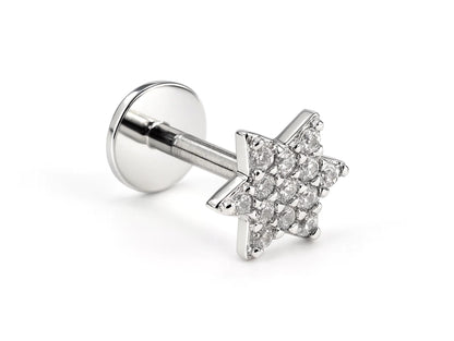 14k White gold Star labret lip stud piercing with Gemstones: 16g internally Threaded
