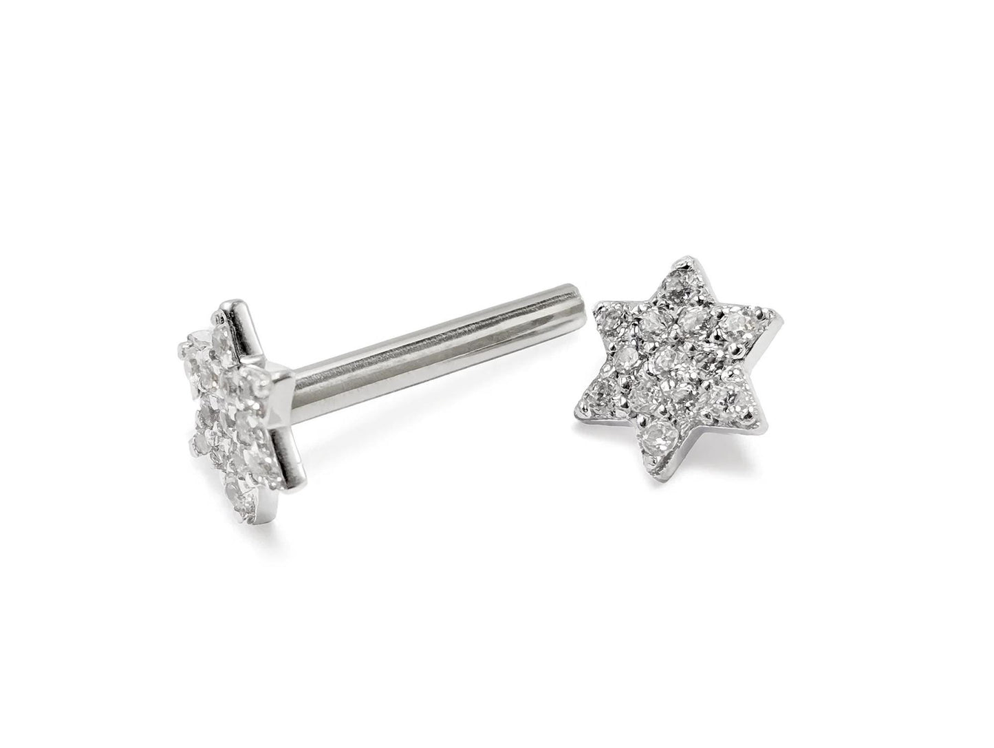 14k White gold Star Barbell Piercing with Gemstones - Internally Threaded - 16g Body Jewellery
