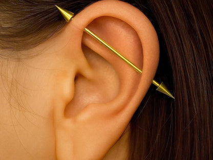 Solid Gold Spike Industrial Scaffold 14G Barbell Piercing: 10k, 14k, 18k Body Jewelry