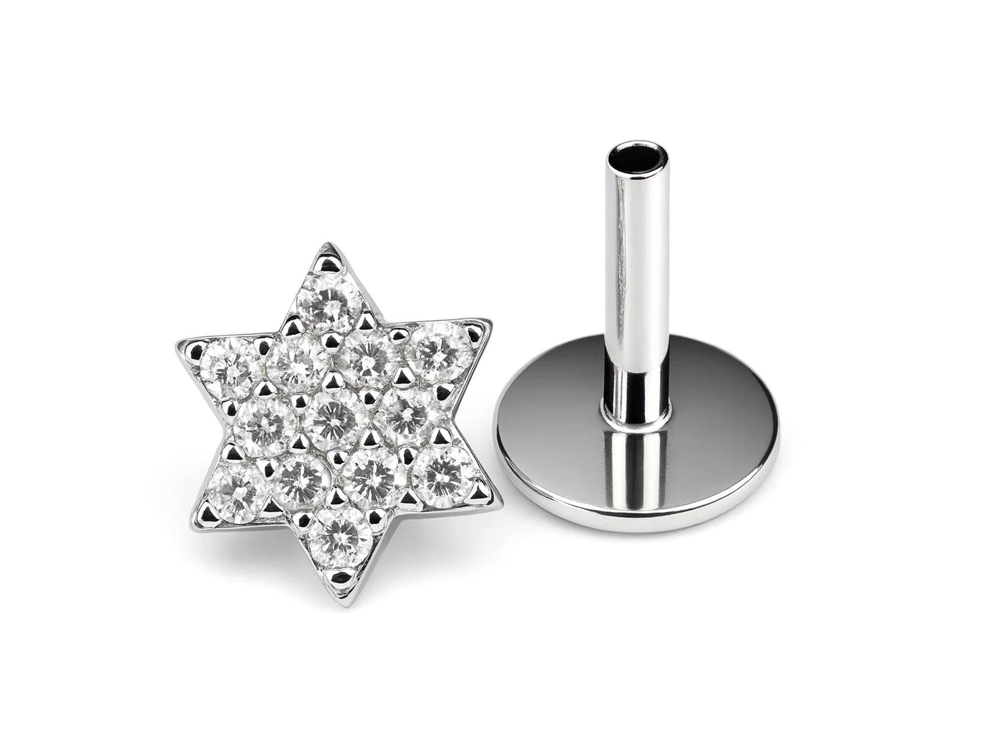 14k White gold Star labret lip stud piercing with Gemstones: 16g internally Threaded